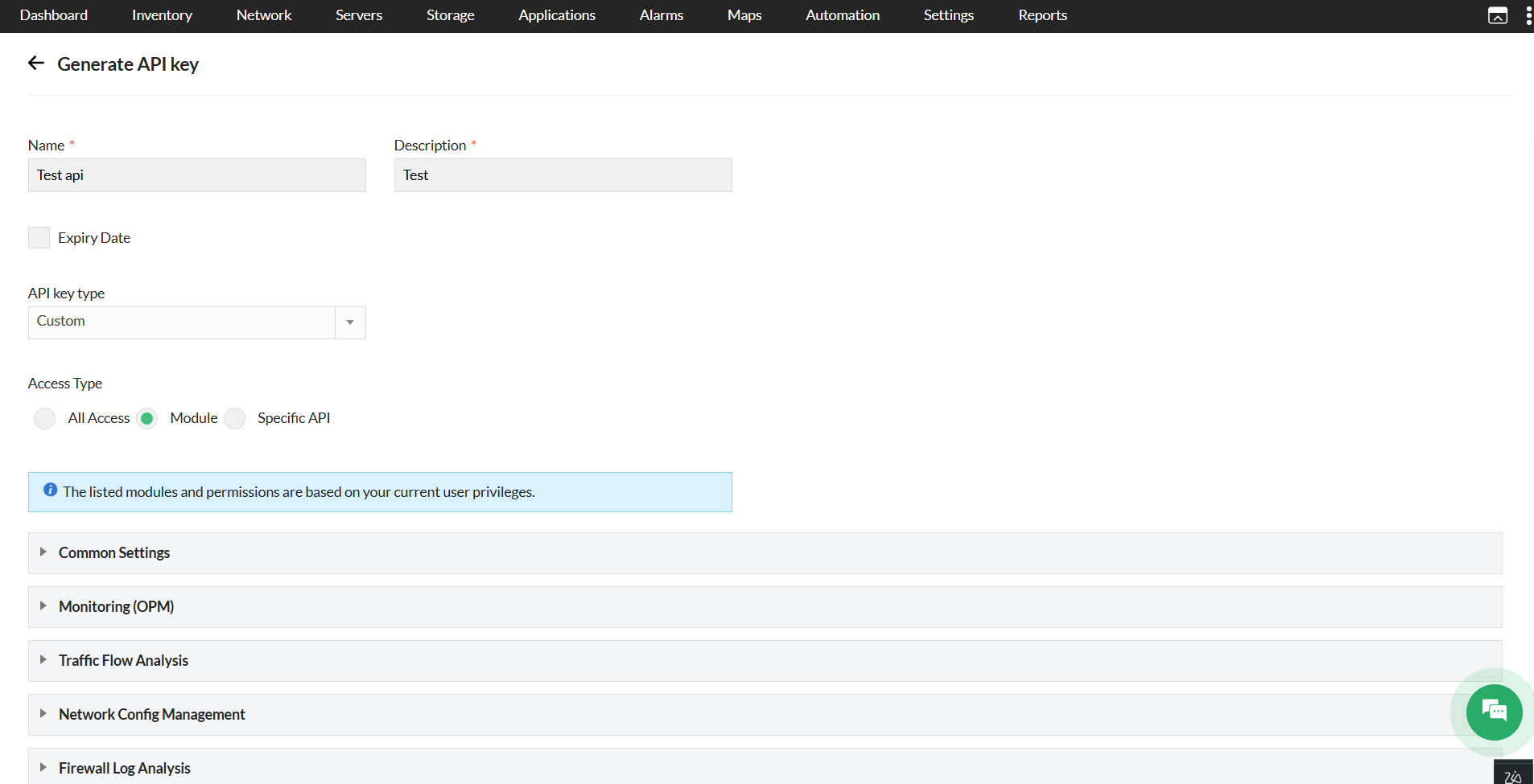 OpManager rest API: Rest API key under quick links