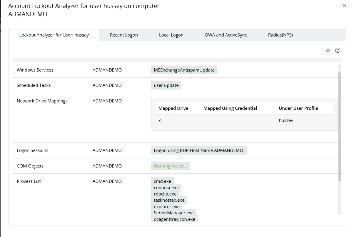Account Lockout Analyzer displaying the source of account lockouts by analyzing network drive mappings, process lists, applications, and other components.