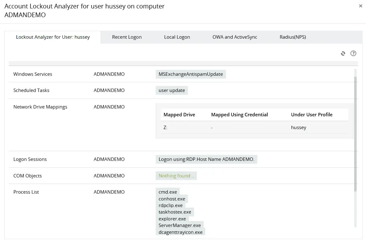 Account Lockout Analyzer displaying the source of an account lockout by analyzing multiple components, including network drive mappings, process lists, applications, and more.