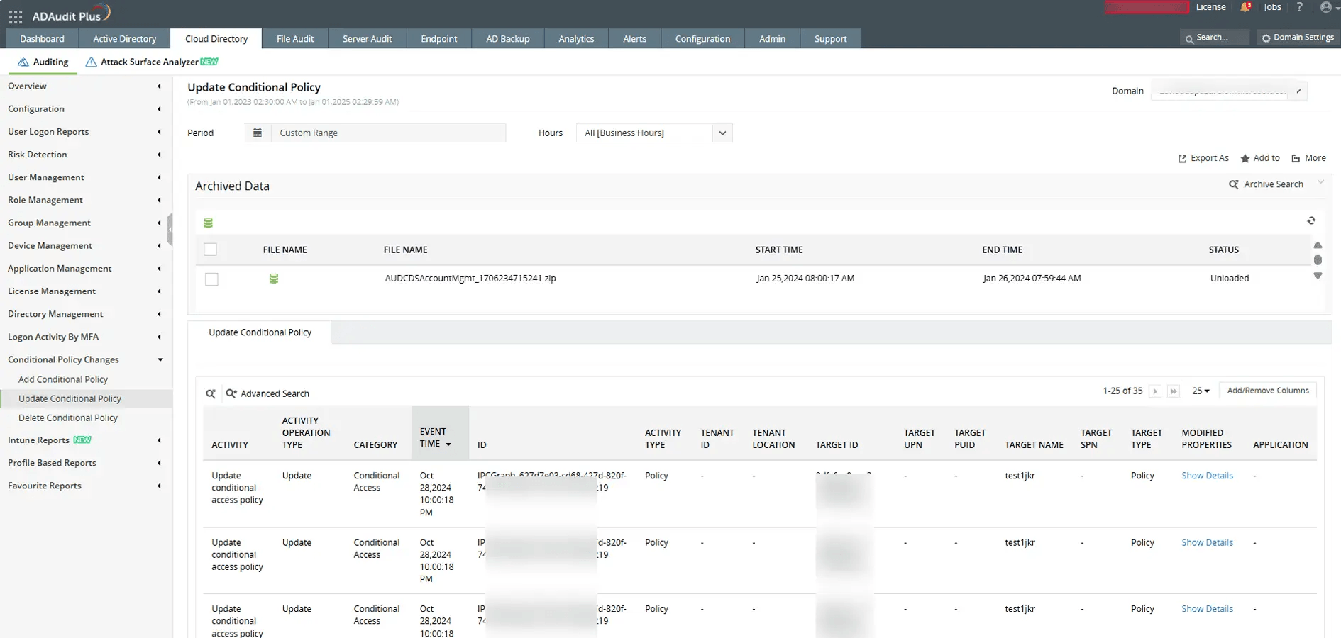 Track every change to existing policies including who modified or deleted them, what was changed, and when the change occurred.