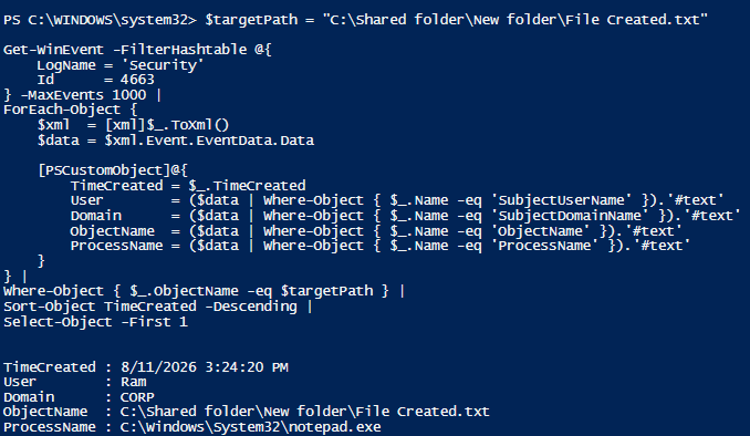 PowerShell output for tracking who last modified a file