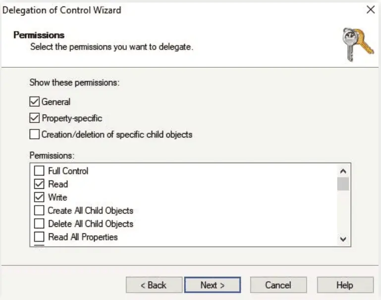 Delegating Active Directory permissions using the Delegation of Control Wizard.