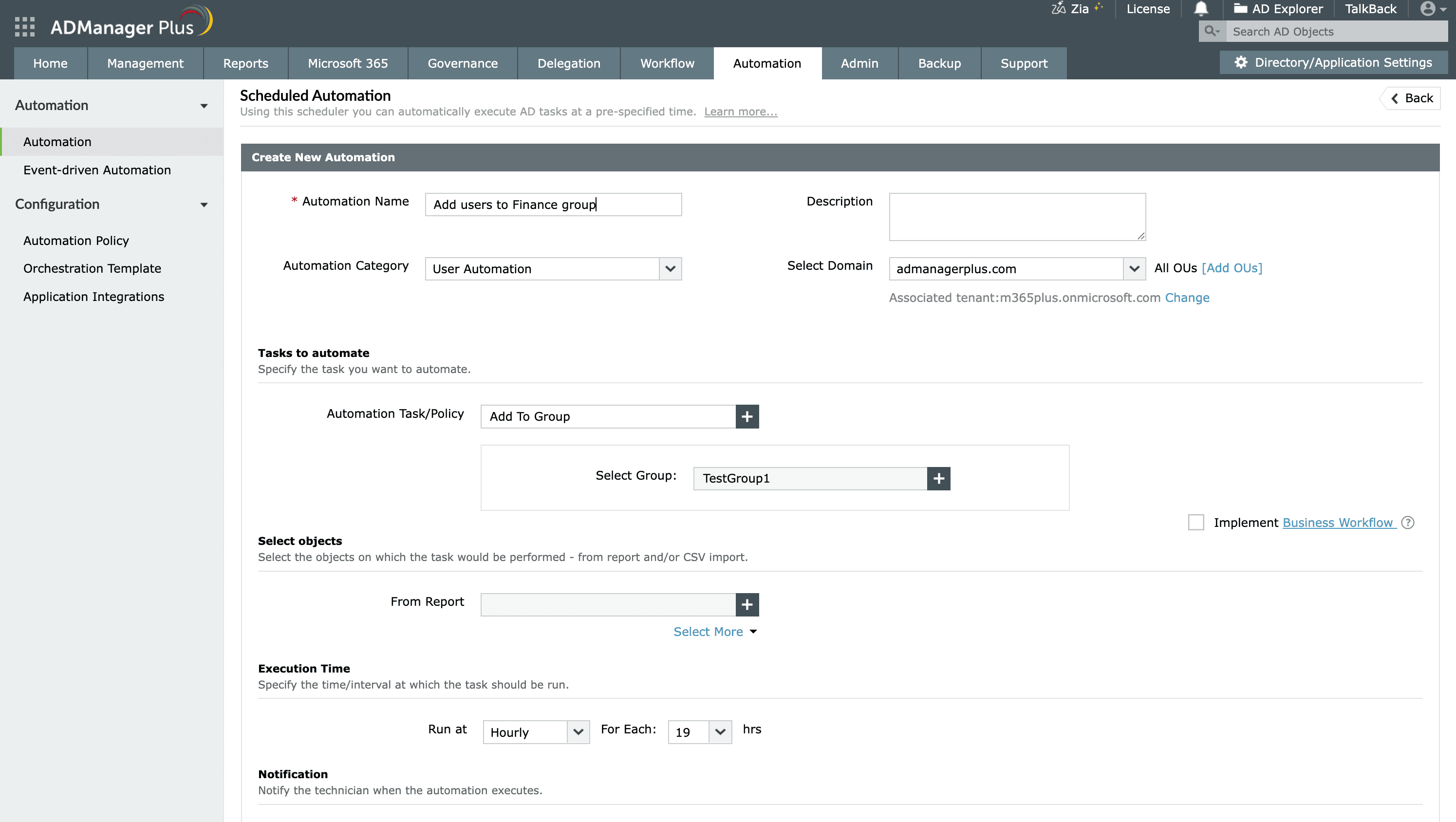 Adding users to a group based on department using automation in ADManager Plus.