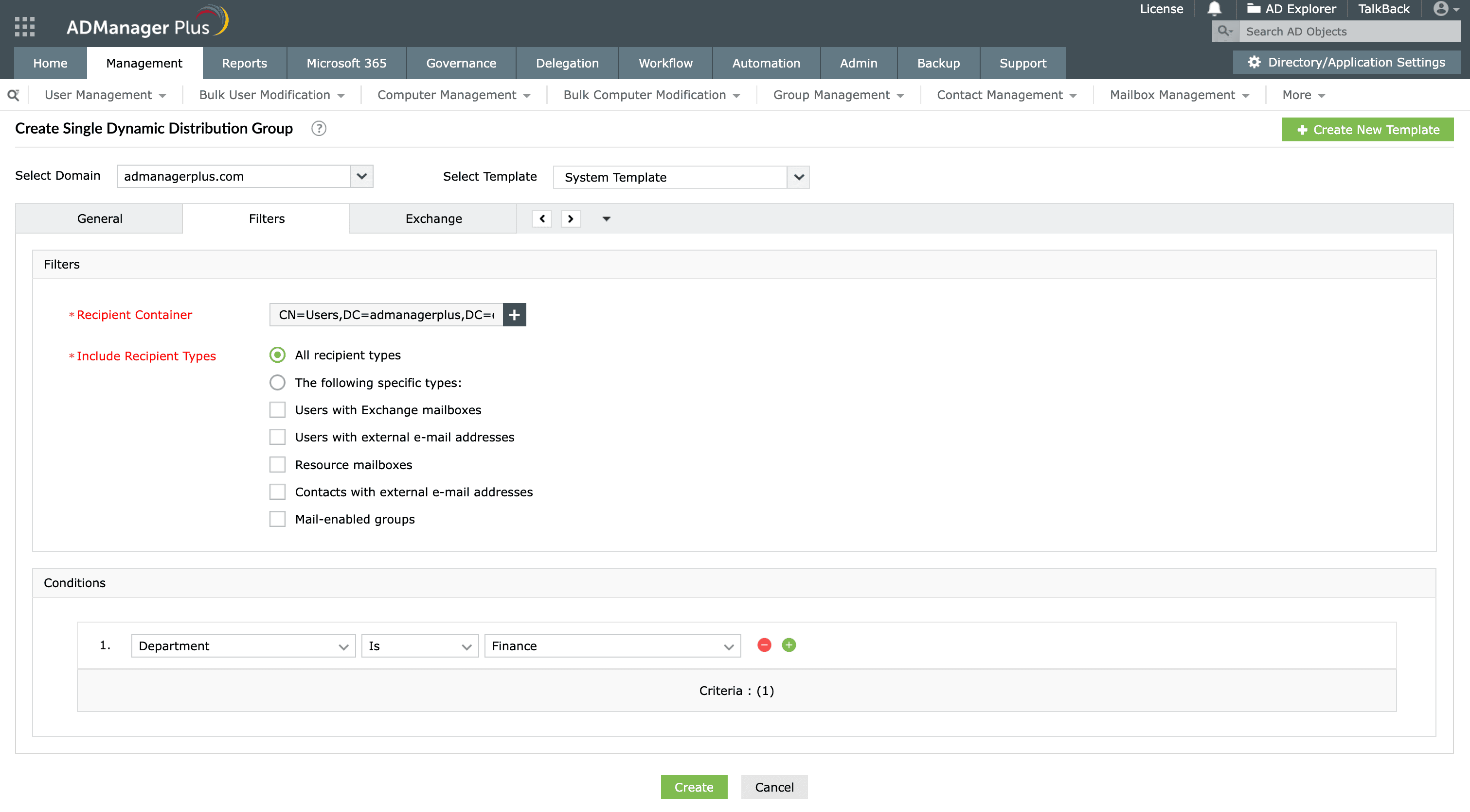Creating a dynamic distribution group in ADManager Plus.