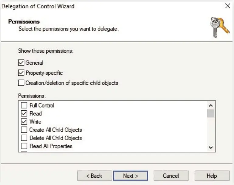 Selecting permissions in the Delegation of Control Wizard for Active Directory delegation