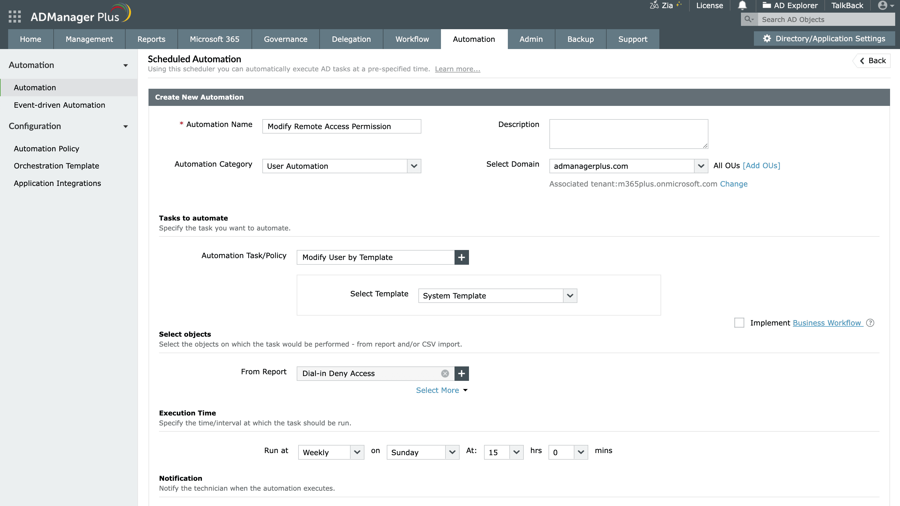Modifying remote access permissions for an AD user using automation.