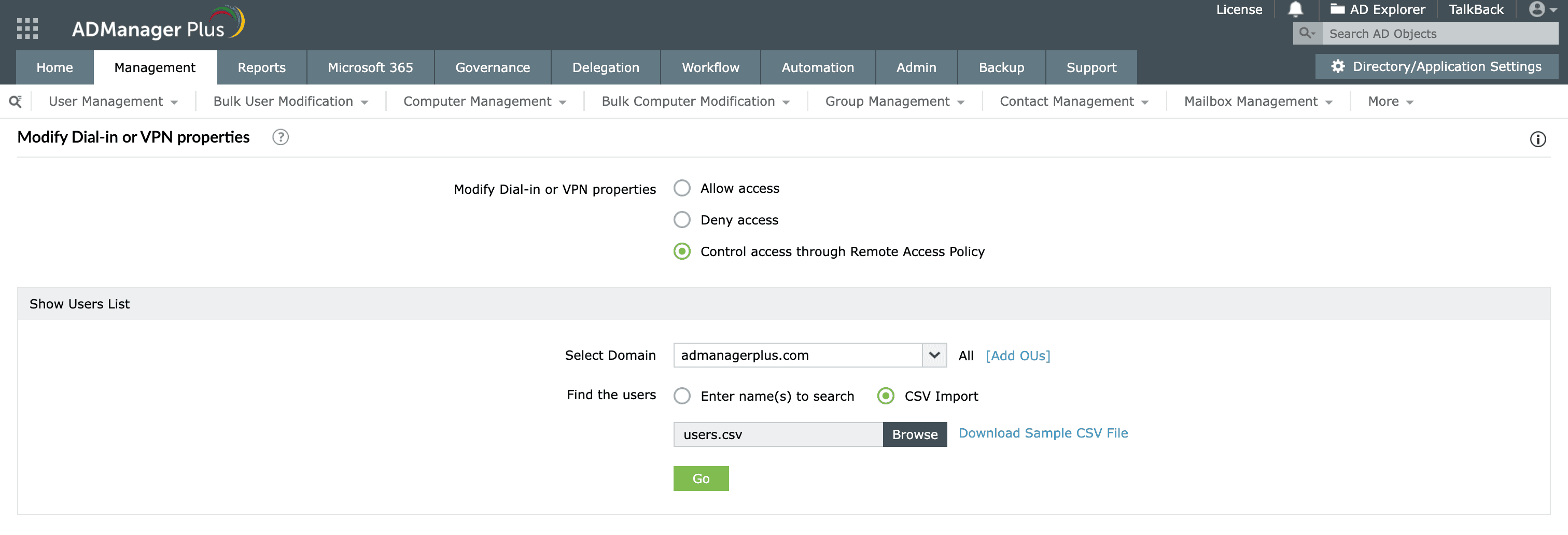 Modifying remote access permissions for an AD user using a CSV file in ADManager Plus.