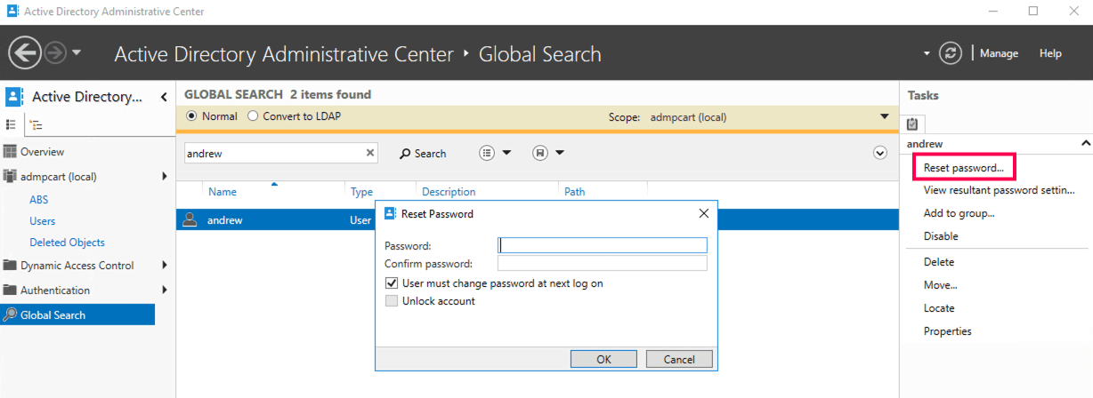 Resetting a user password using Active Directory Administrative Center
