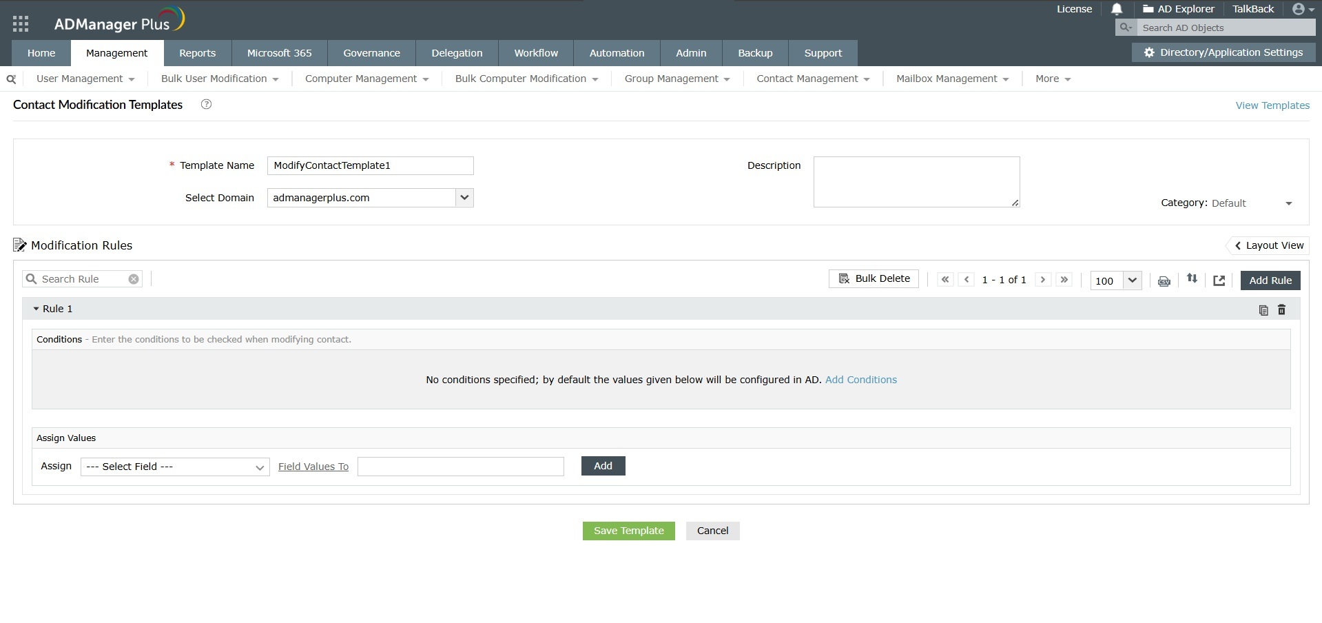 How to update active directory contacts using modification rules in a template.