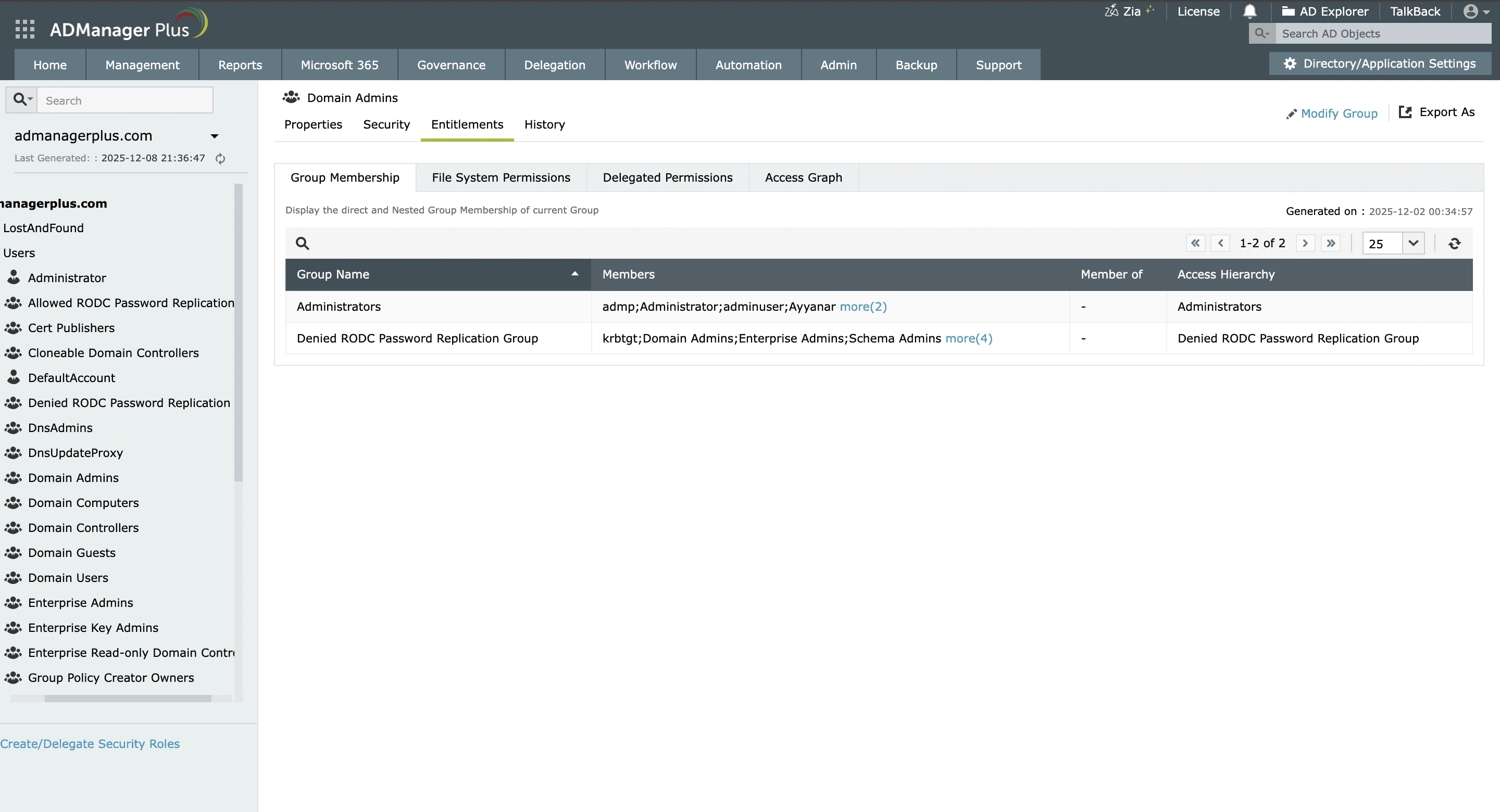 View a detailed table of direct and nested group memberships that objects are part of to analyze user access rights