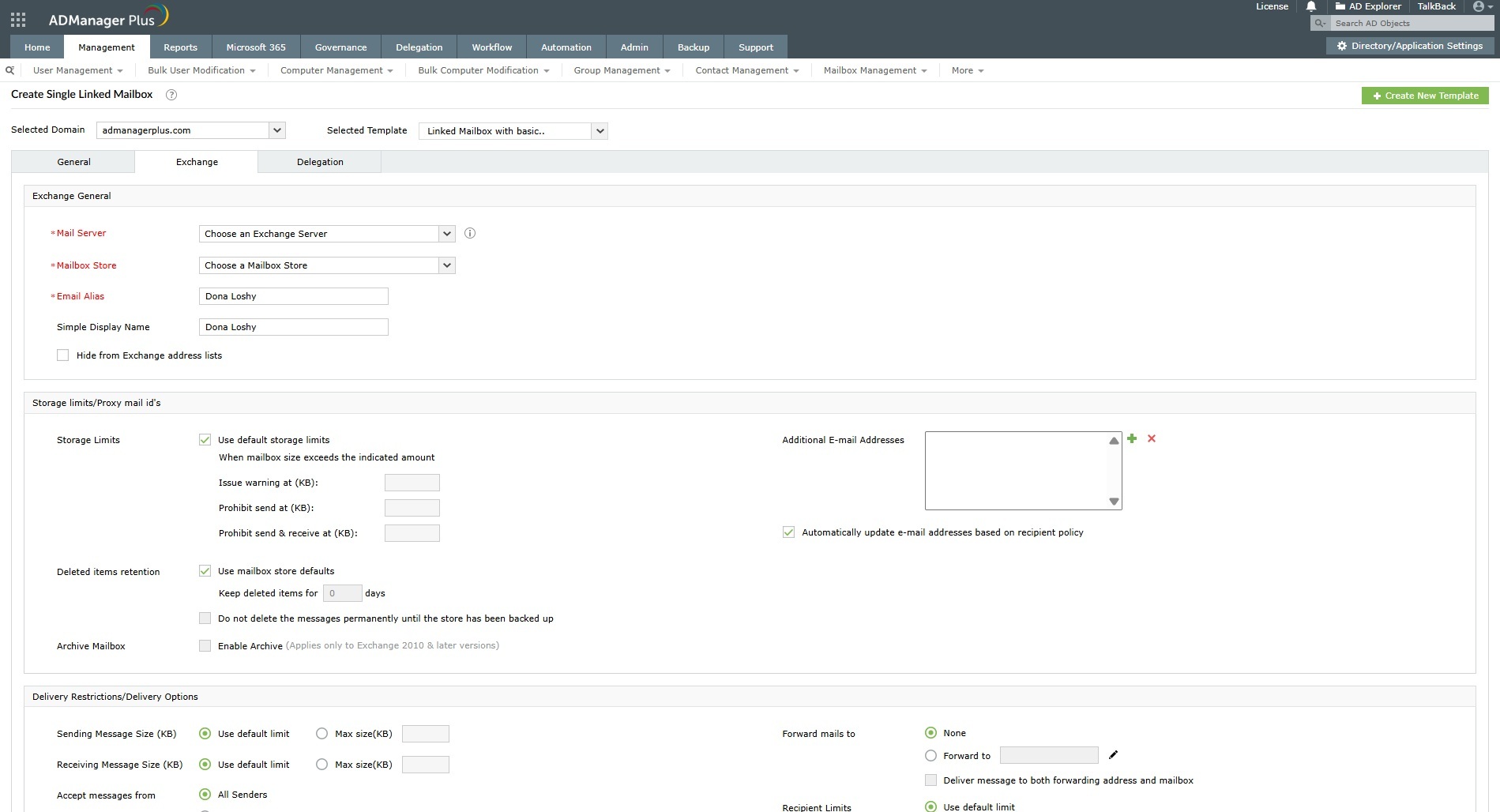 How to add Exchange server details while creating a linked mailbox using ADManager Plus
