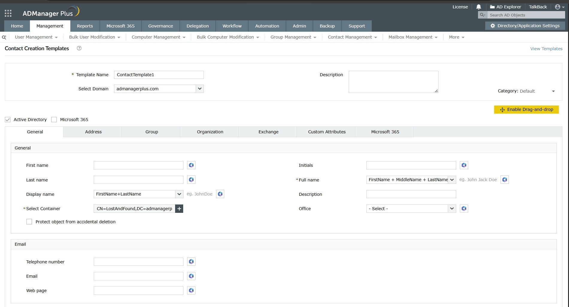 How to create contacts in Active Directory using templates in ADManager Plus