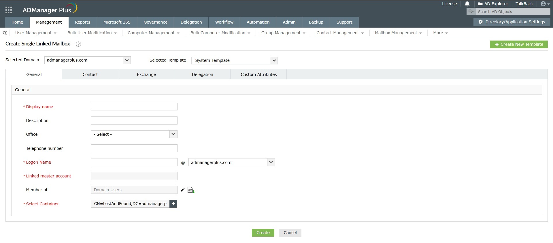 How to create a linked mailbox in Exchange using ADManager Plus