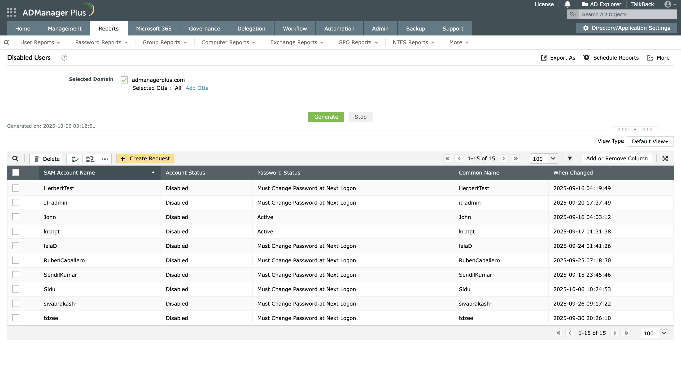Generate reports on Active Directory users' account status using ADManager Plus.