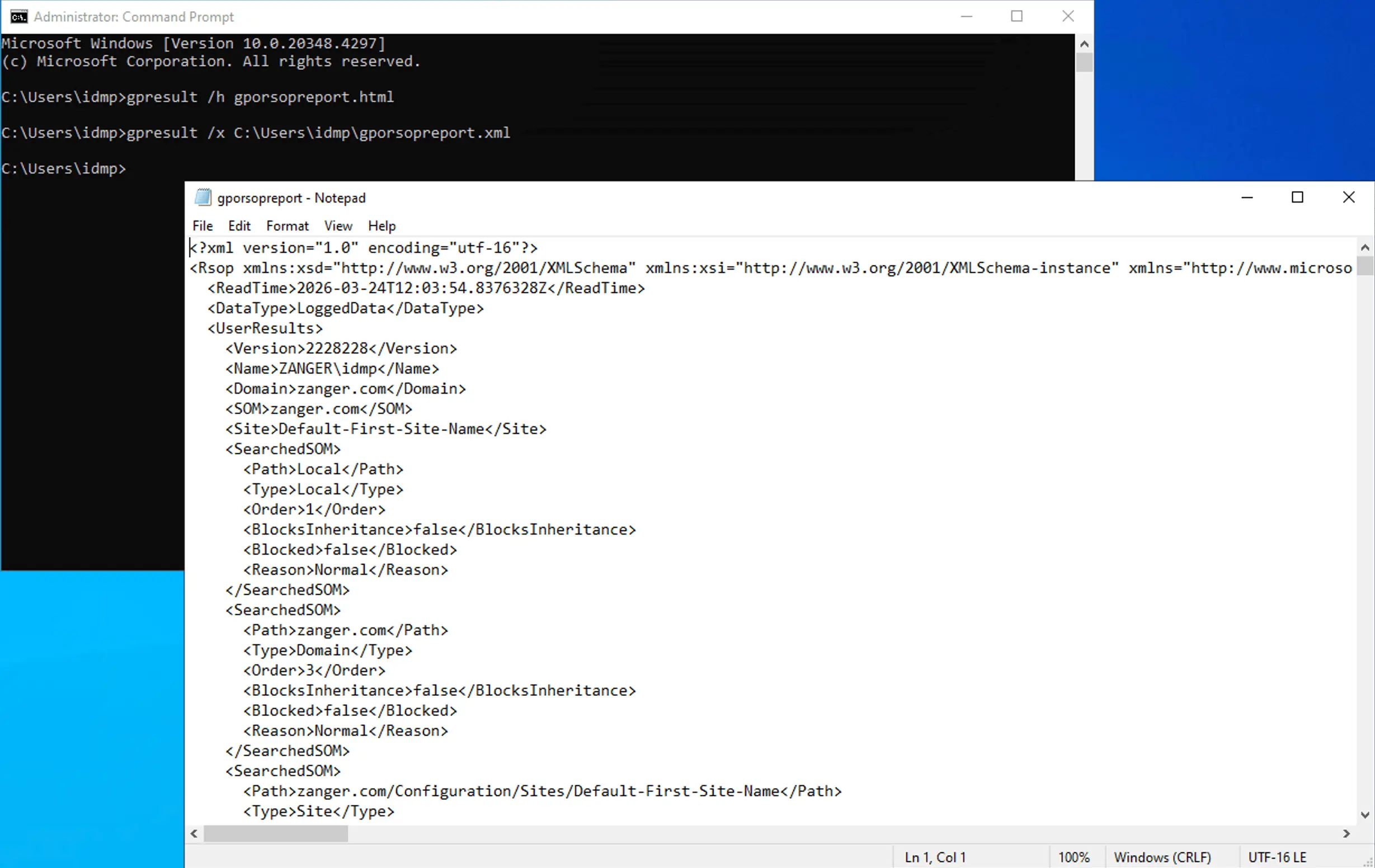 gpresult /x generating an XML report showing raw RSOP data structure
