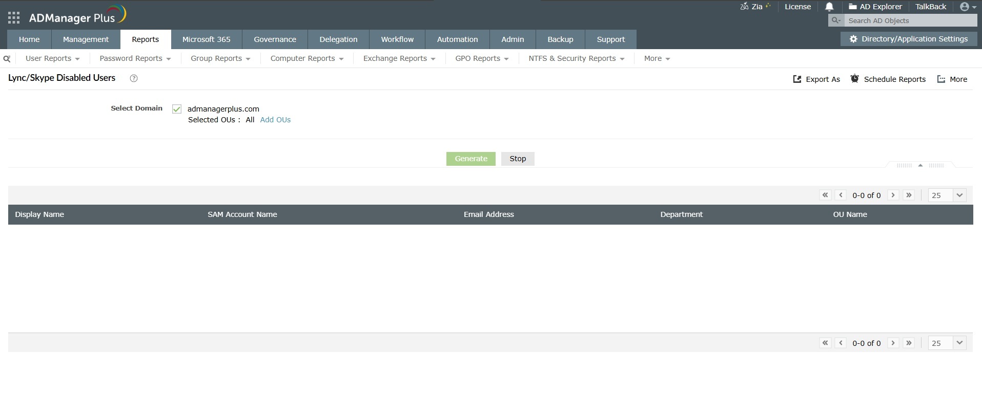 How to get Lync/Skype disabled users report in ADManager Plus