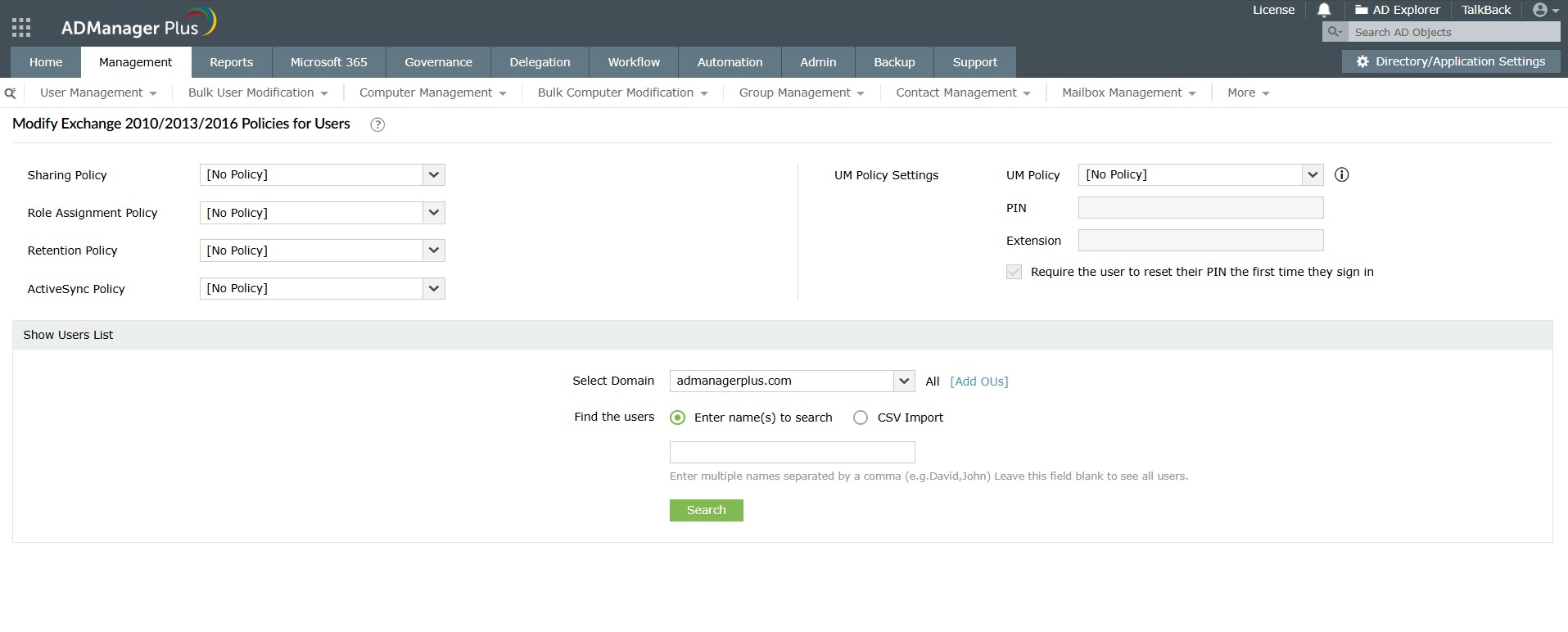How to manage Exchange policies using ADManager Plus