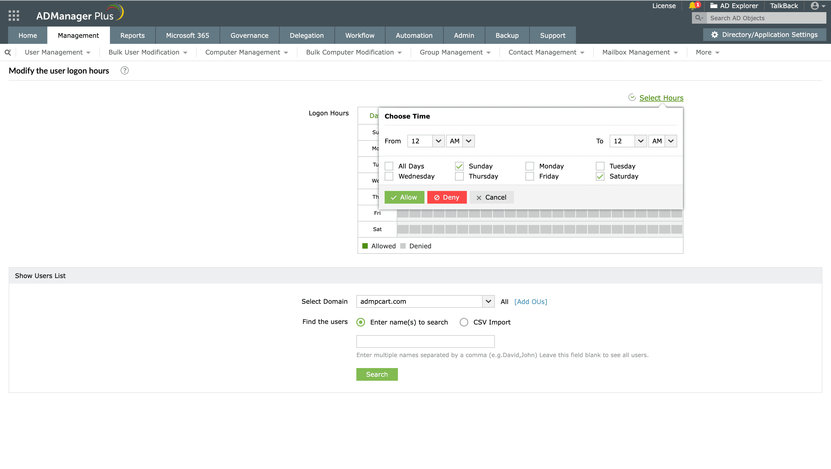 Configuring user logon hours for Active Directory accounts in ADManager Plus