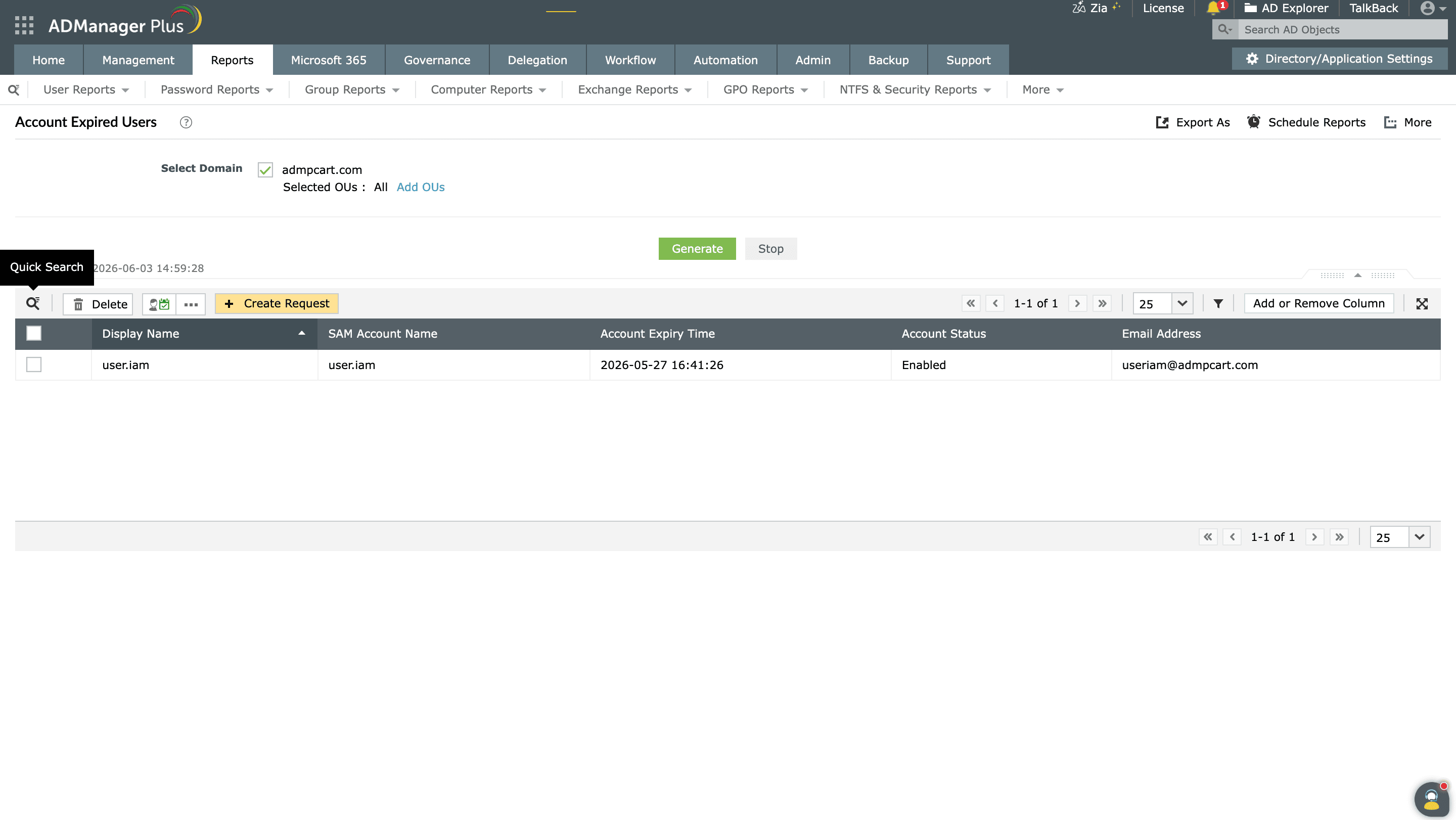 Using Quick Search within the Account Expired Users report in ADManager Plus