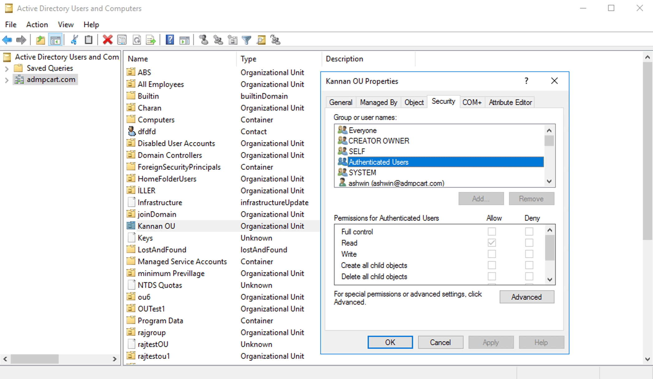 Getting ACL for an OU in AD using ADUC.