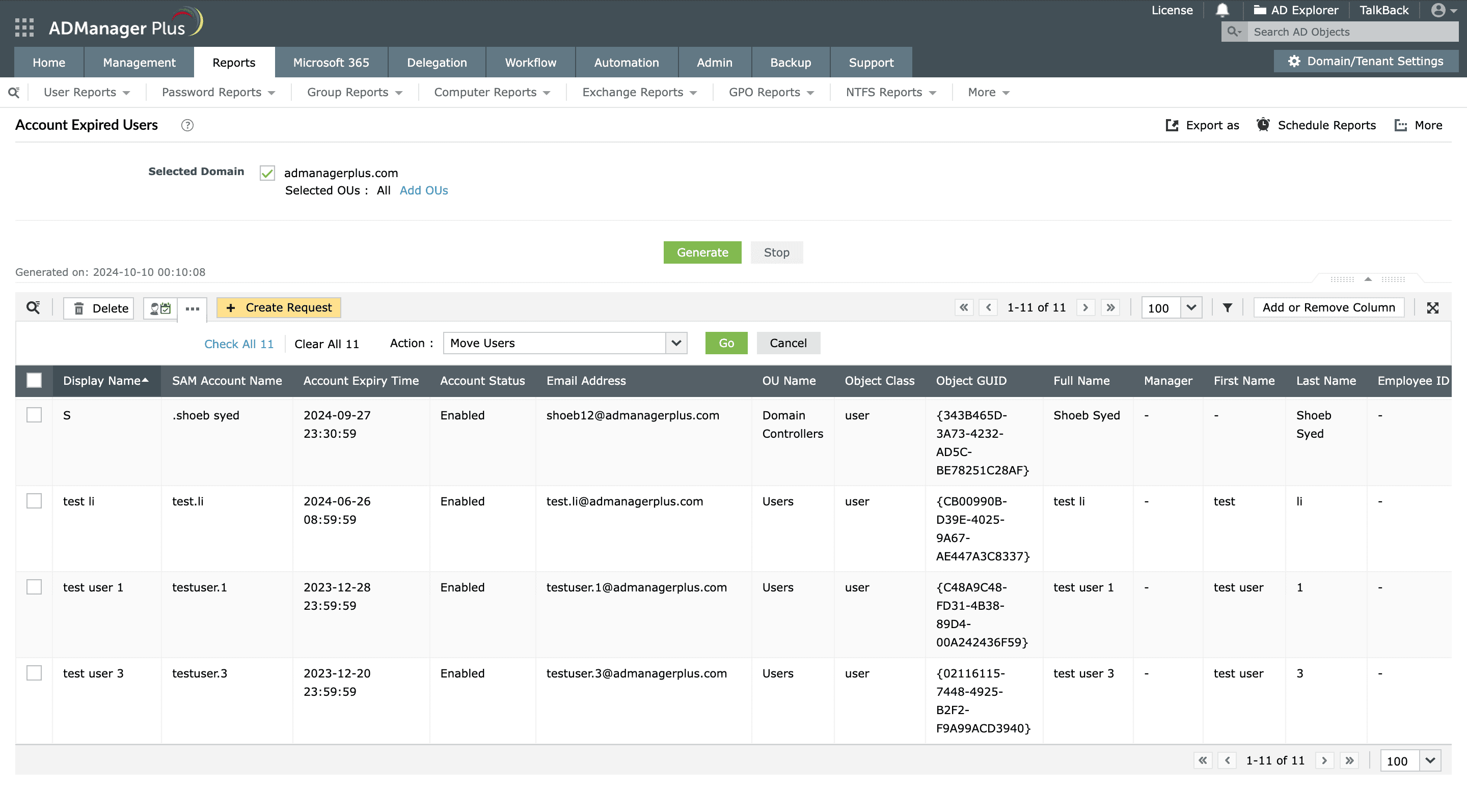 Generating the Account Expired Users report in ADManager Plus.