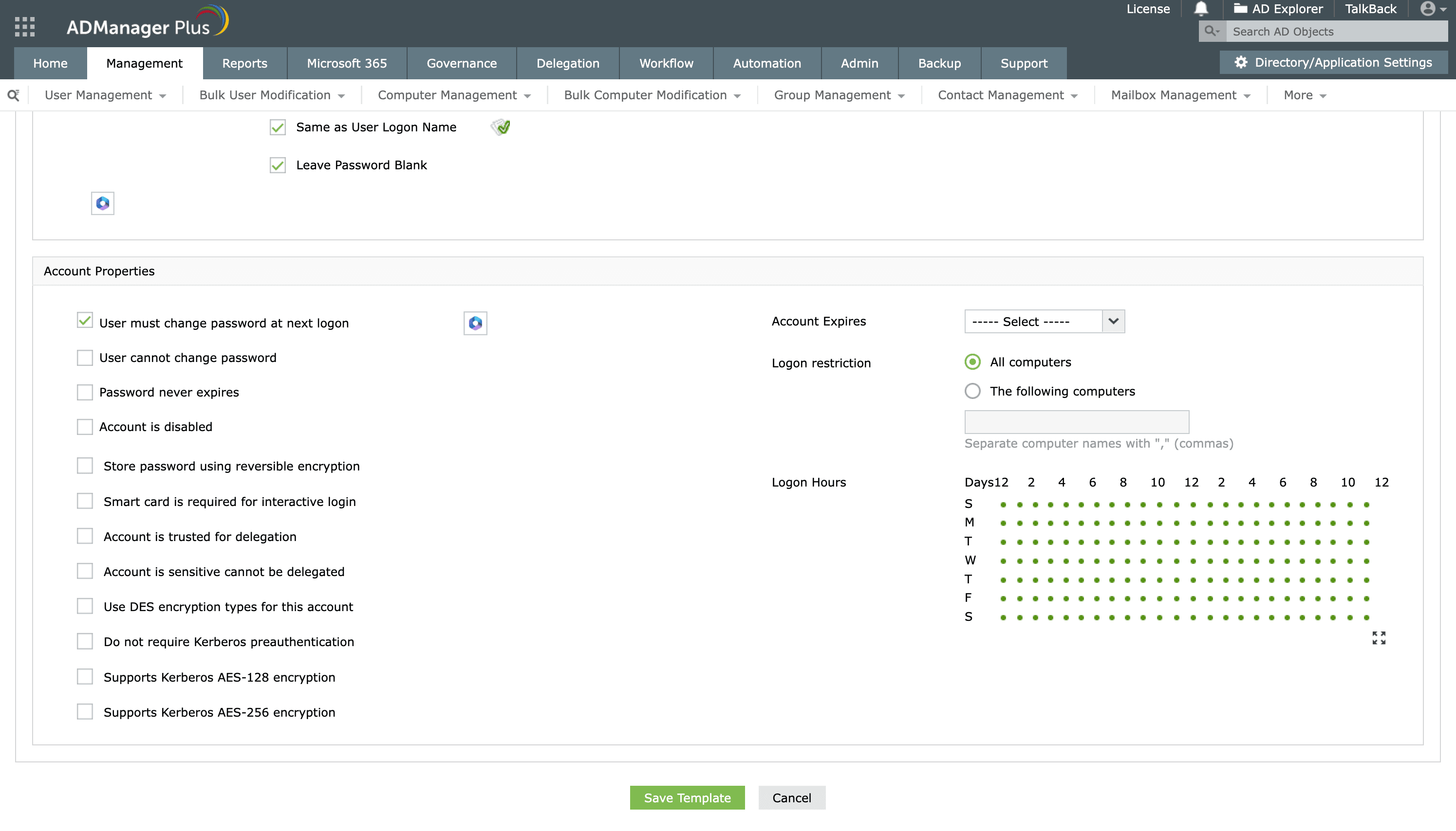 Updating the Active Directory accountExpires attribute using templates in ADManager Plus.