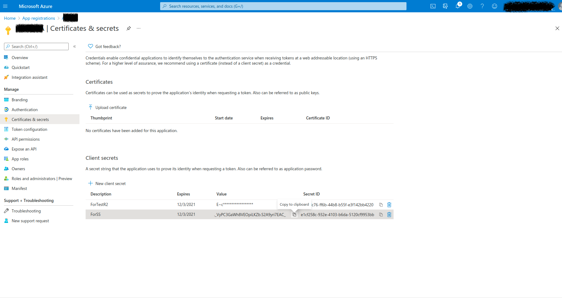 Applications Manager Configuring OAuth for EWS Server: Copying client secret from Azure portal