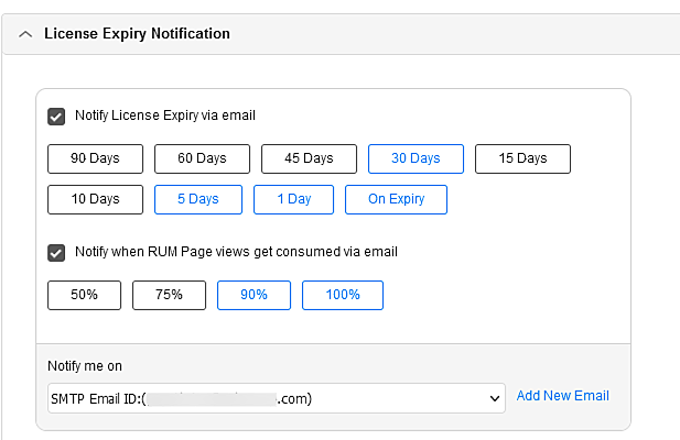 Applications Manager Licensing in Real User Monitoring (RUM): License expiry notification for page views consumption percentage
