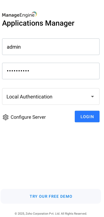 Applications Manager Mobile Apps: Login page