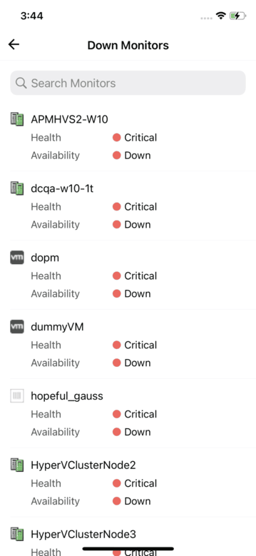 Applications Manager Mobile Apps: Viewing Down Monitors widget