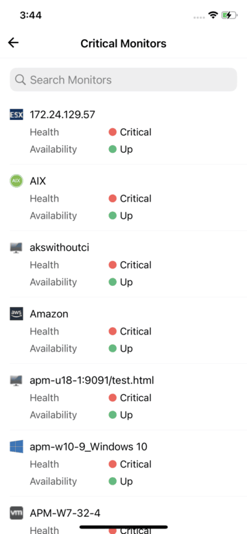 Applications Manager Mobile Apps: Viewing Critical Monitors widget
