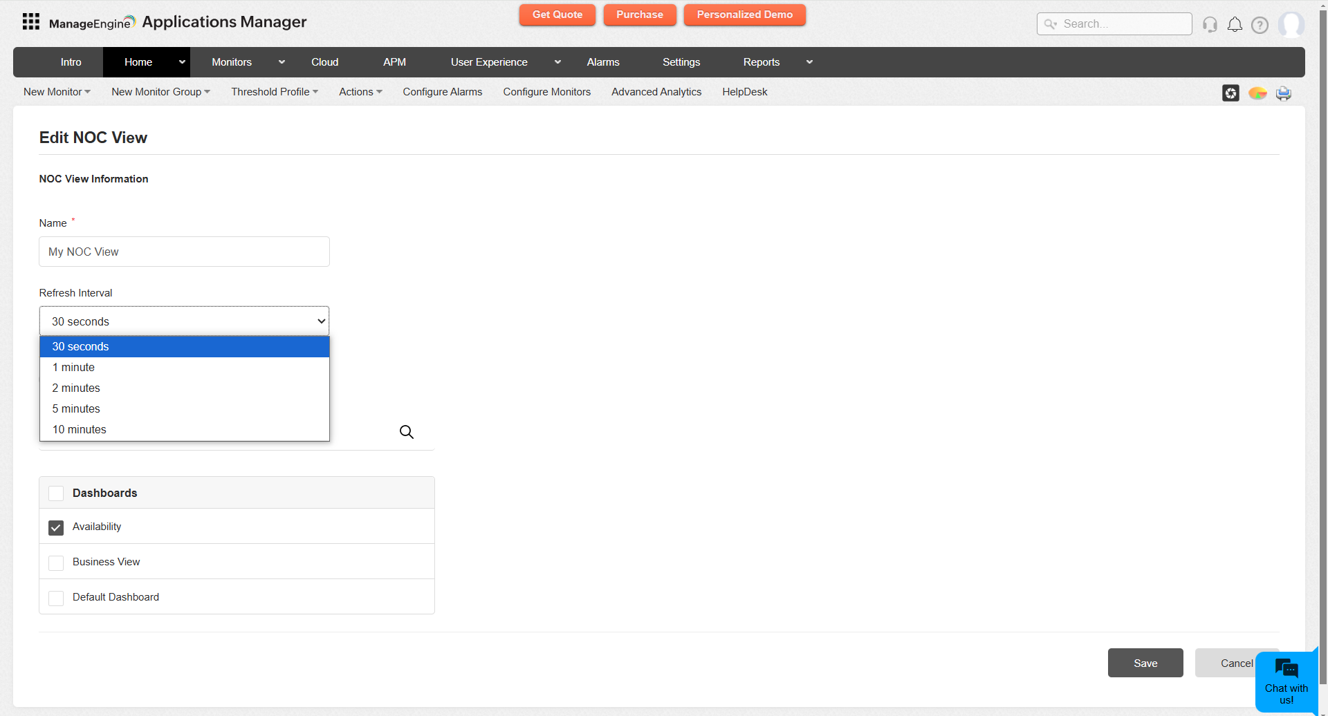 Applications Manager NOC (Network Operations Centers) View: Configuring refresh rate for NOC view