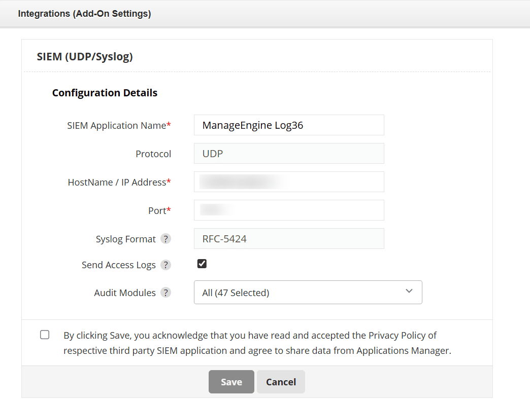 Custom SIEM Integration configuration page