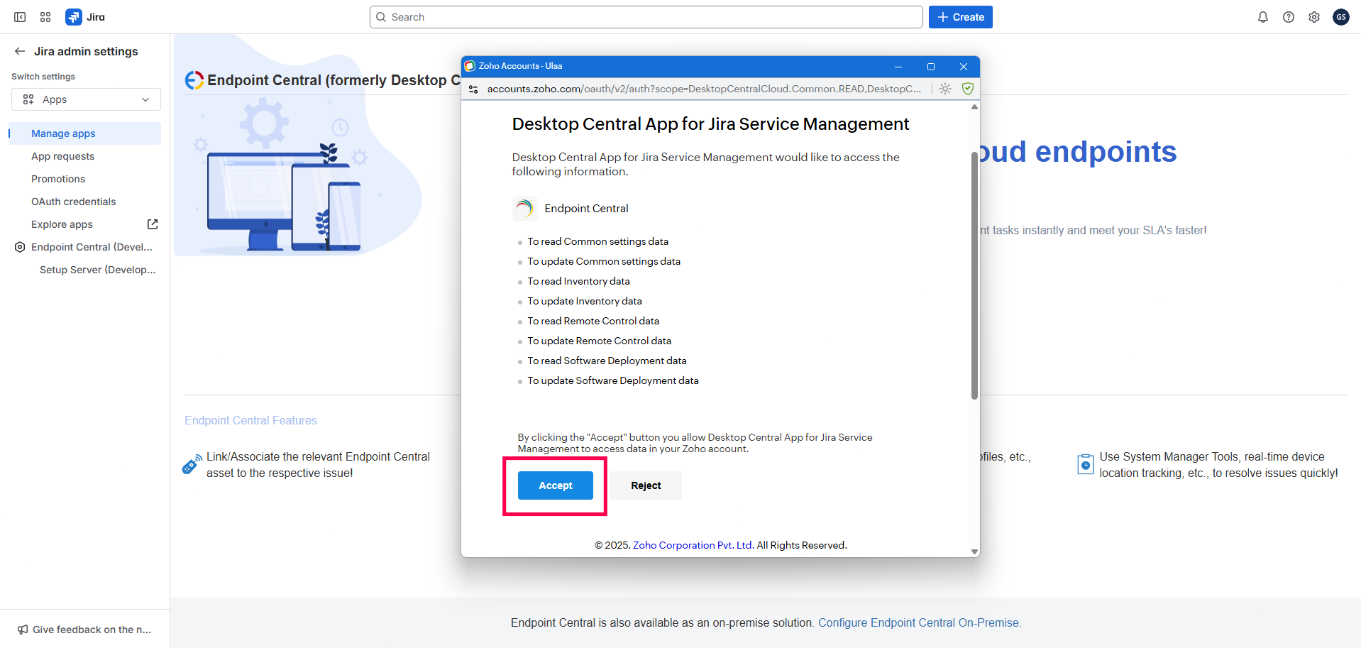 Endpoint Central Cloud - Jira Service Management Cloud Integration EC Cloud - Jira Cloud: Zoho Accounts Authorize Page