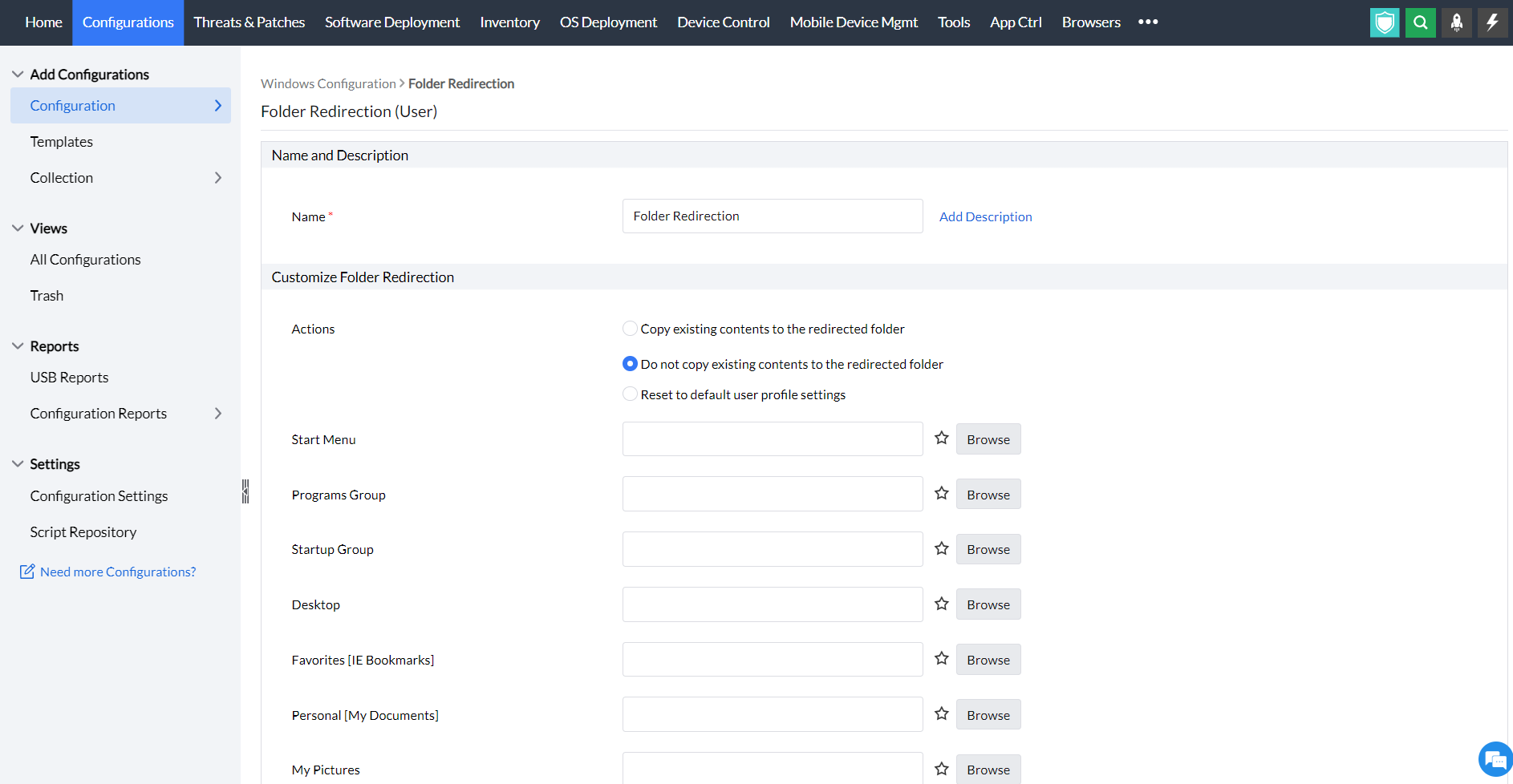  Folder redirection window in endpoint central