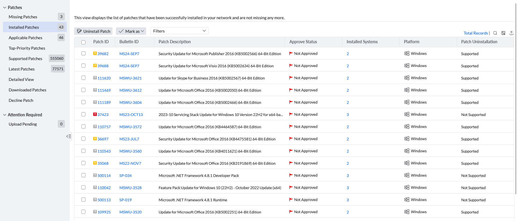 Installed Patches Window