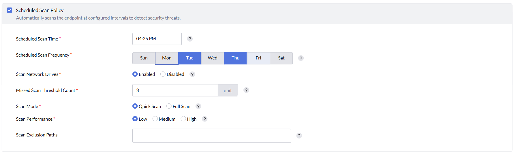 Scanning schedules and optimization settings