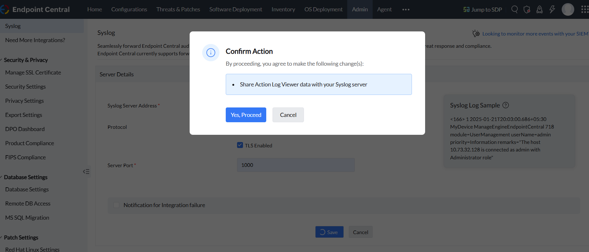 Syslog confirm integration