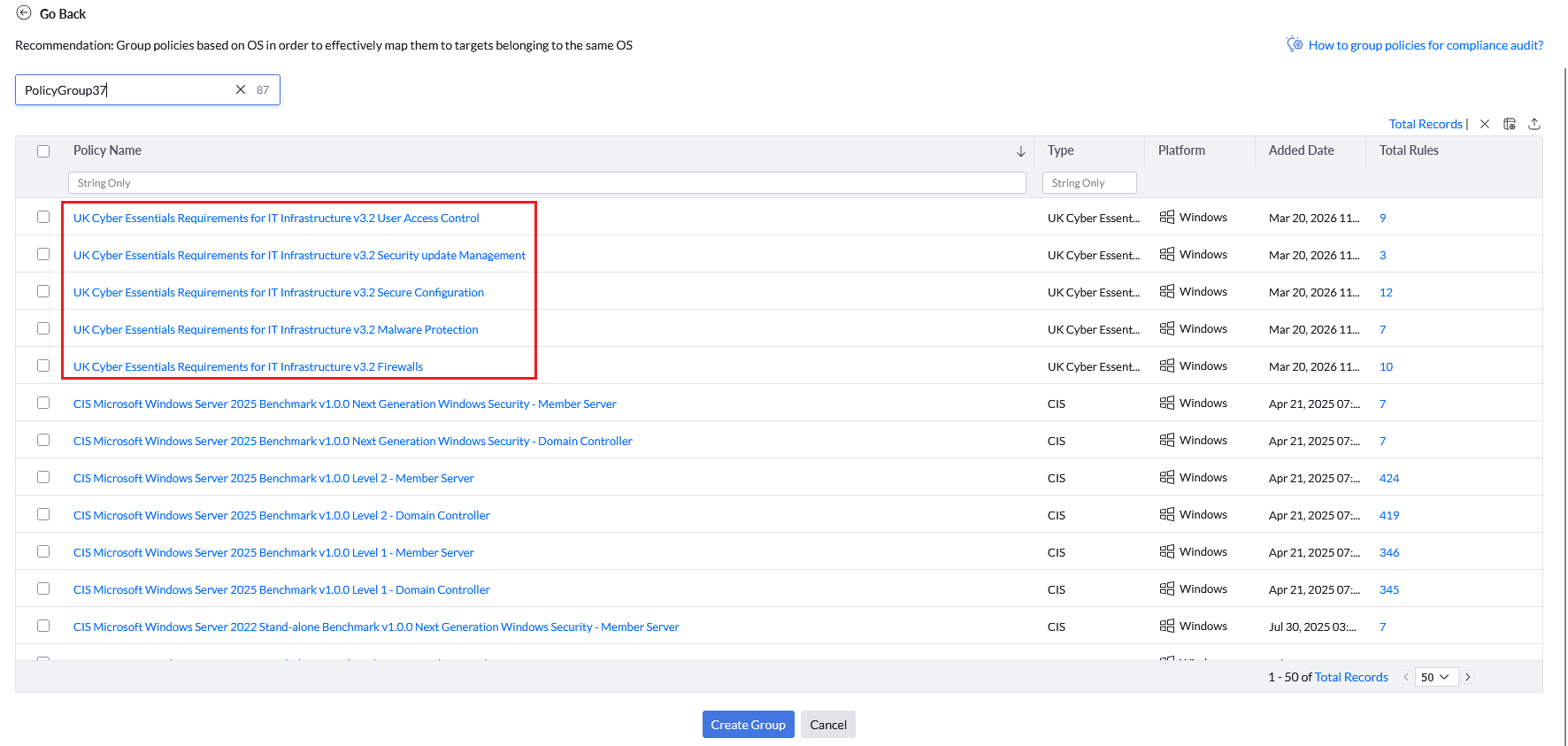 UK Cyber Essentials Compliance Policies Policy Group settings page listing all UK Cyber Essentials v3.2 and v3.3 compliance policies available for selection