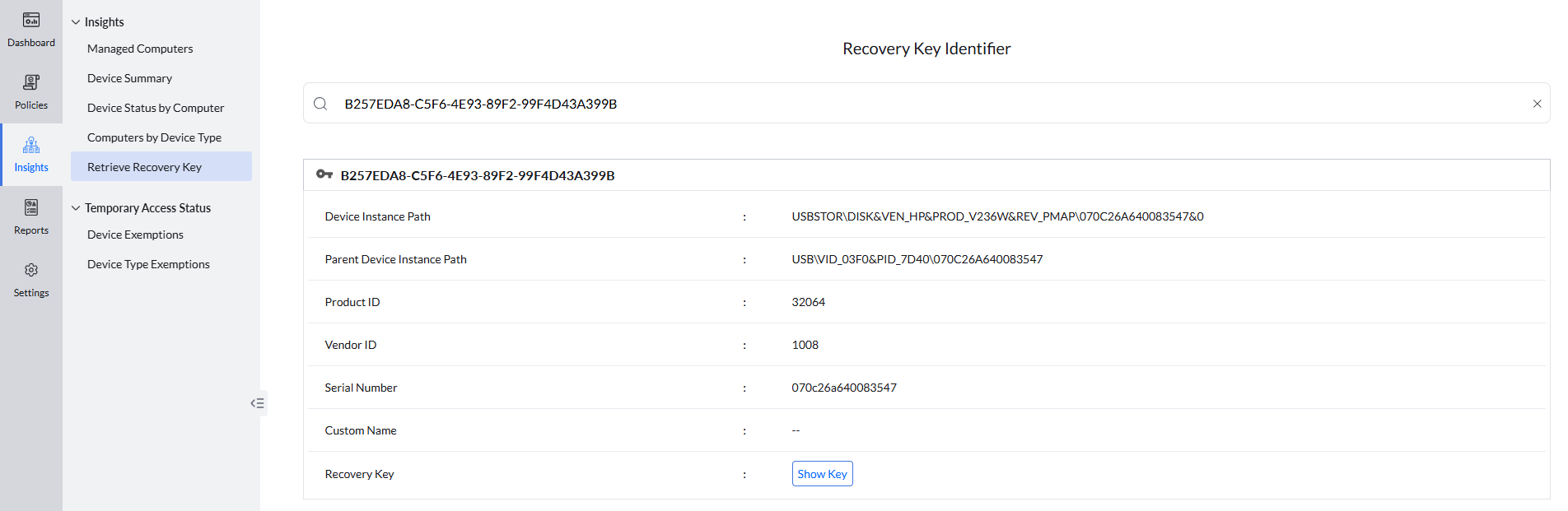 Showing recovery key