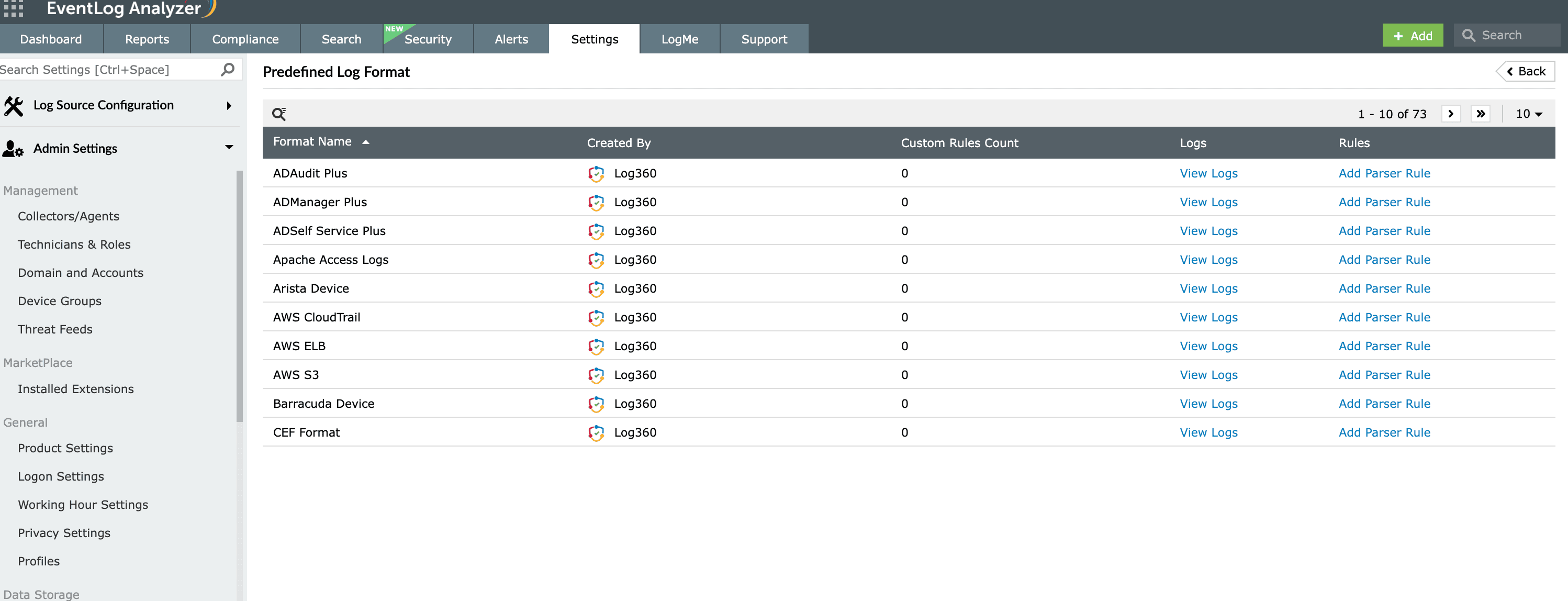 Log formats supported by EventLog Analyzer
