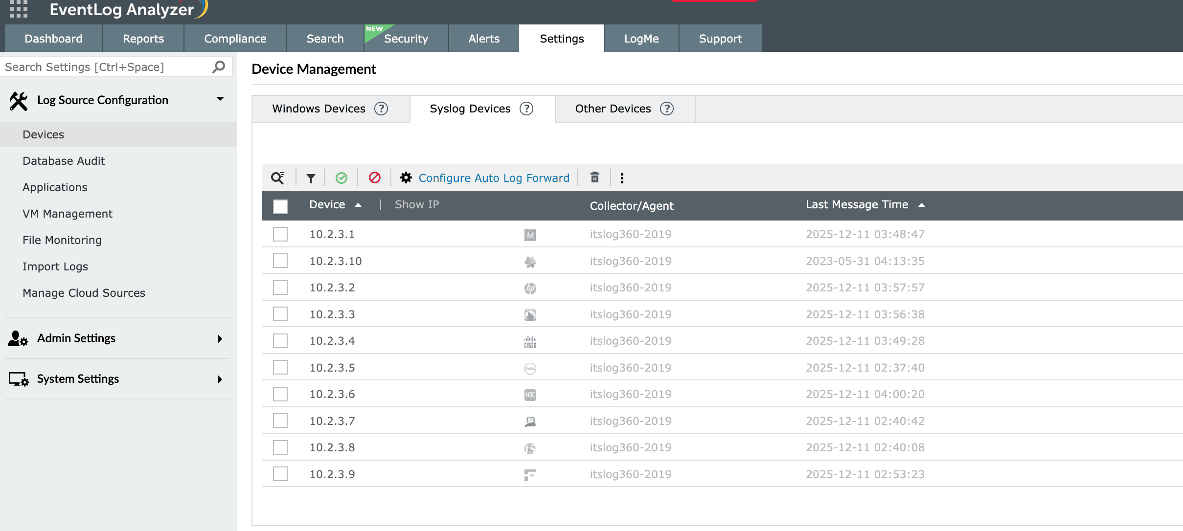 EventLog Analyzer's syslog device management console showing configured network devices, listener ports, and forwarding status.