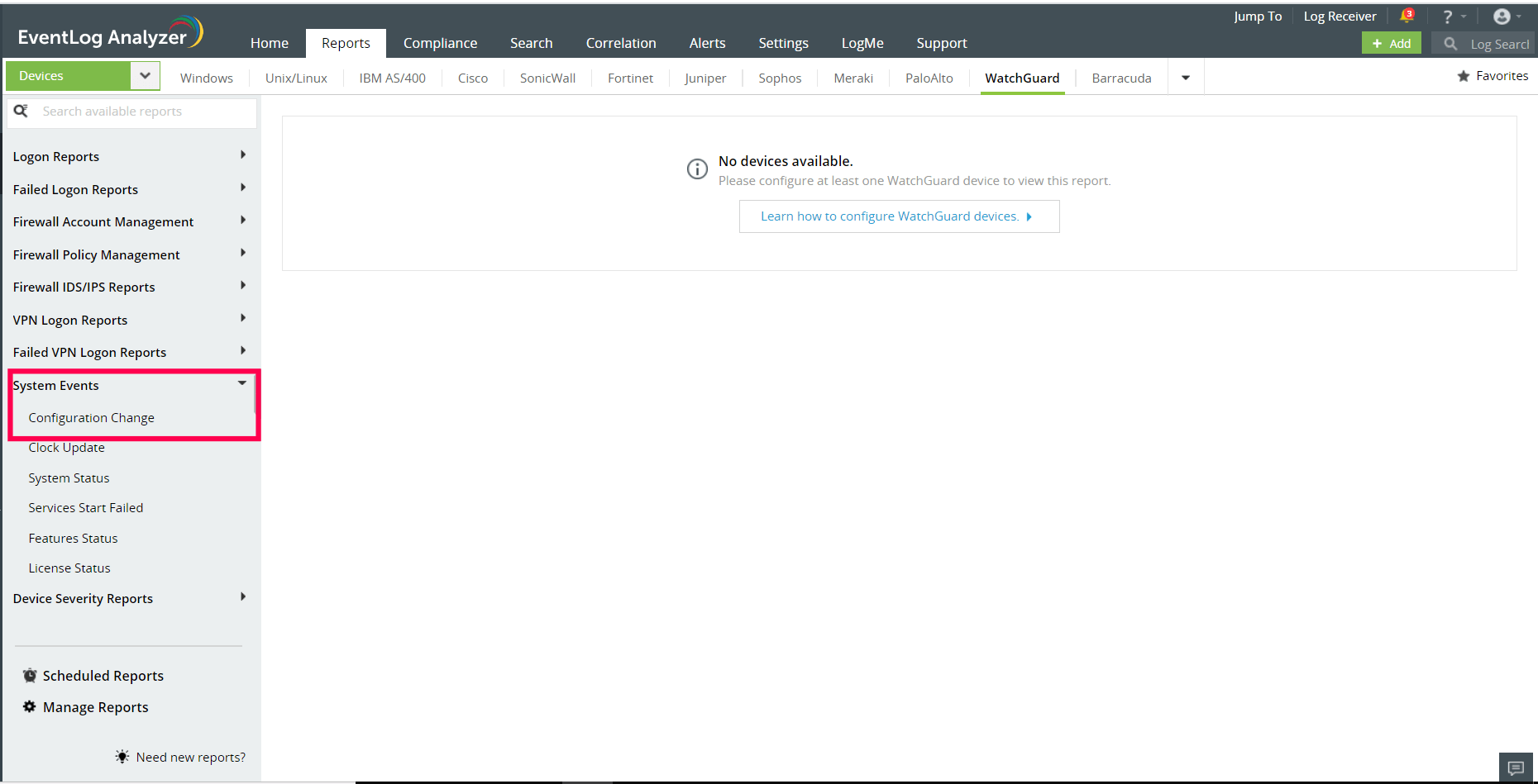 System Events record configuration changes made to firewall settings