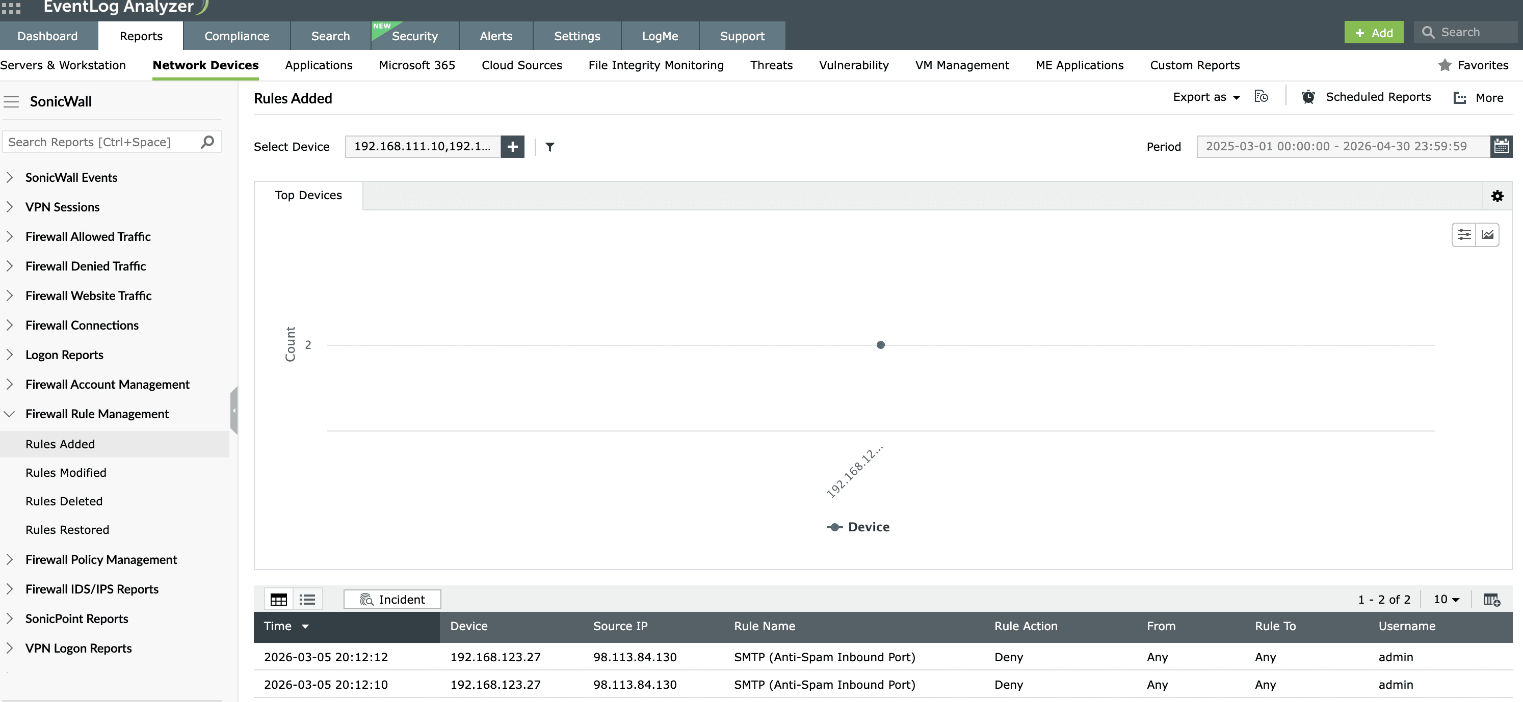 SonicWall firewall rule modification report for policy change auditing
