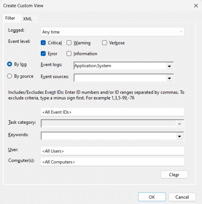 Creating a custom filter in Windows Event Viewer to view all crash logs in Windows 11