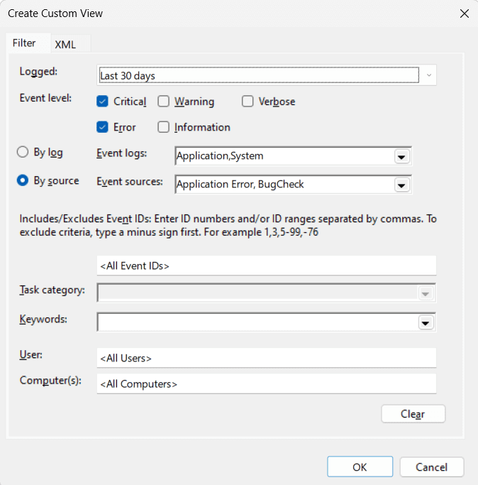 Creating a custom filter in Windows Event Viewer to view all crash logs in Windows 11