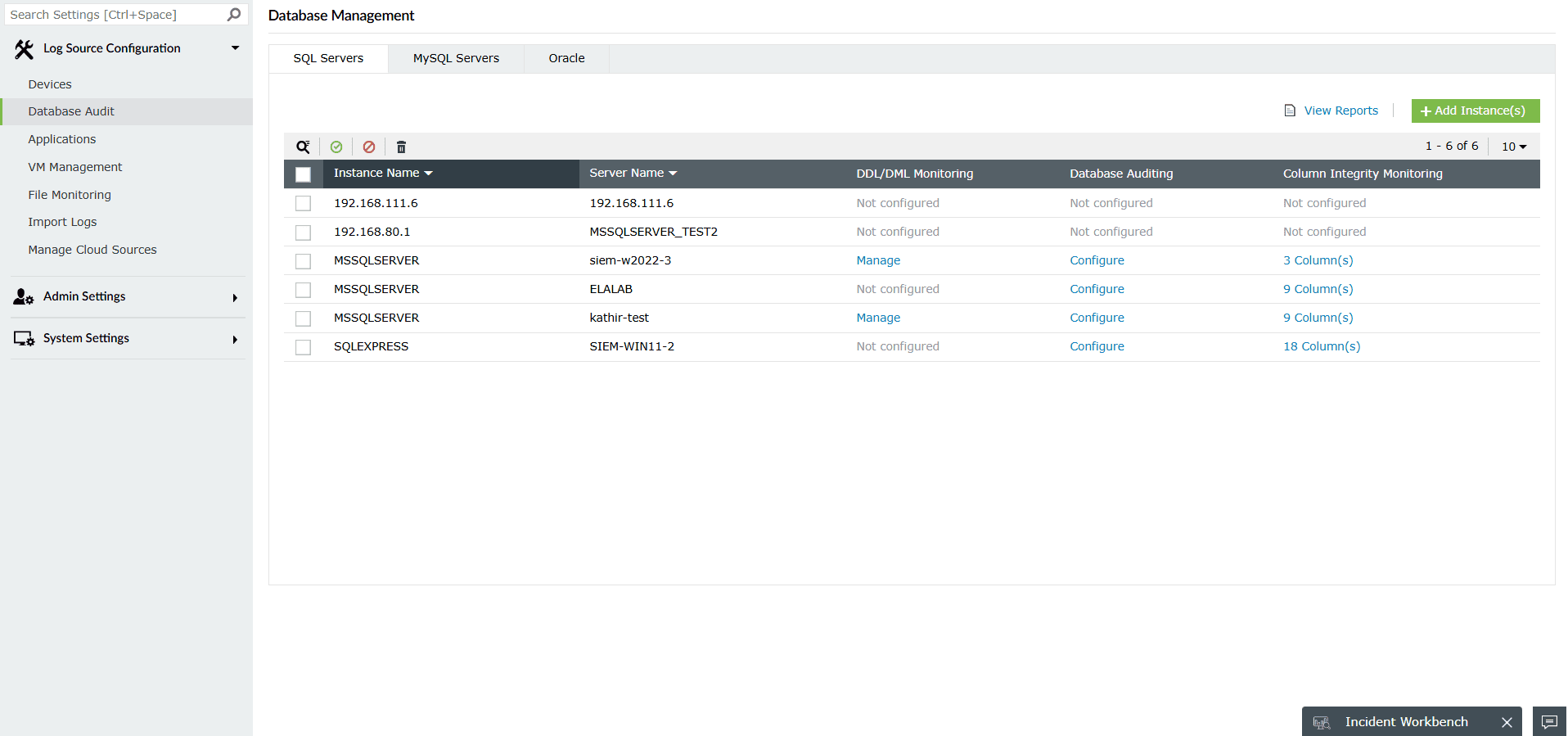 EventLog Analyzer database management page with SQL servers tab showing list of configured SQL Server instances.