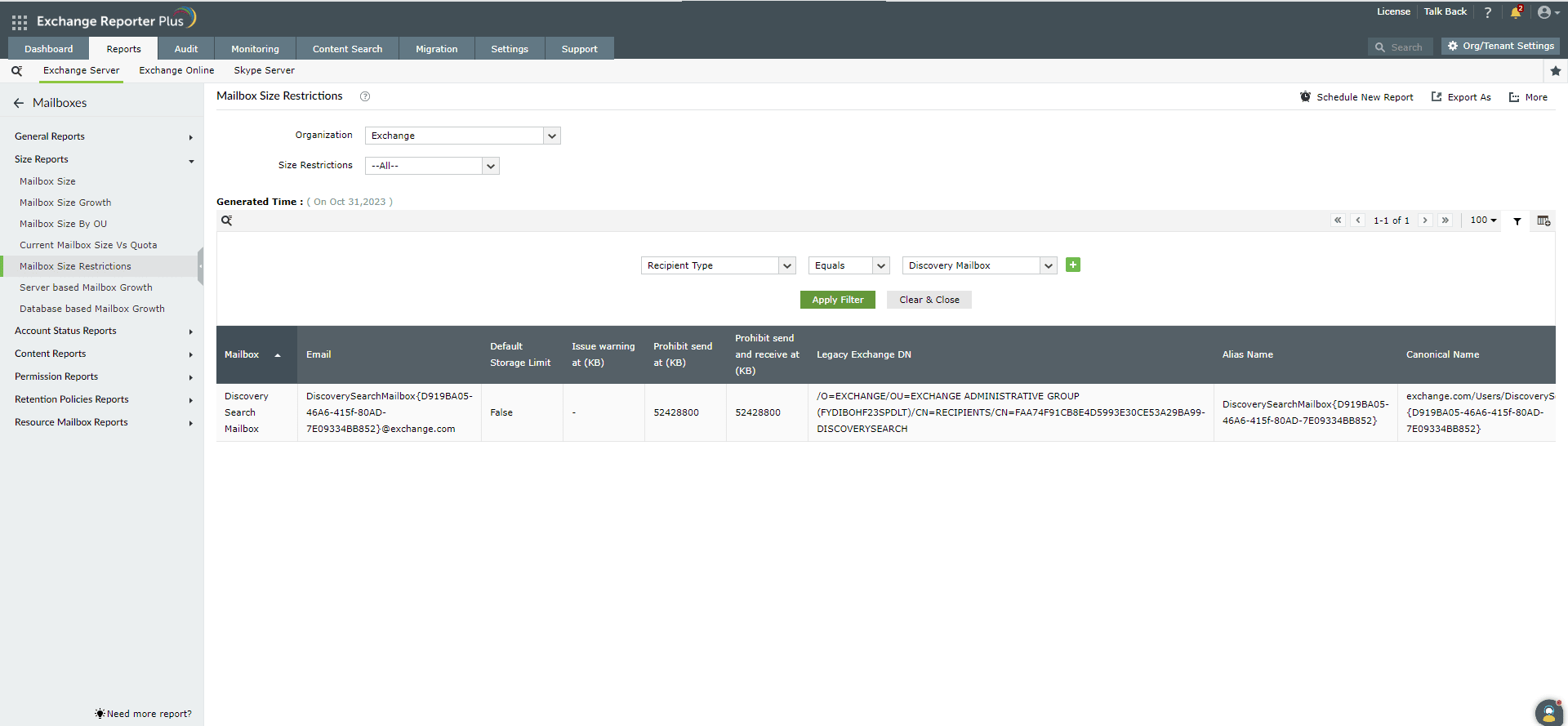 Report on size restrictions for discovery search mailboxes in Exchange Reporter Plus