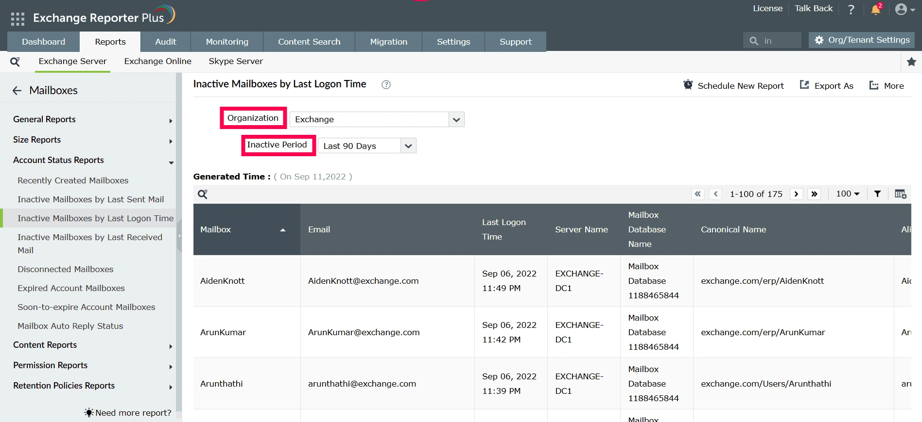 Exchange Reporter Plus' Inactive Mailboxes by Last Logon Time report showing mailbox names and the last logon times.