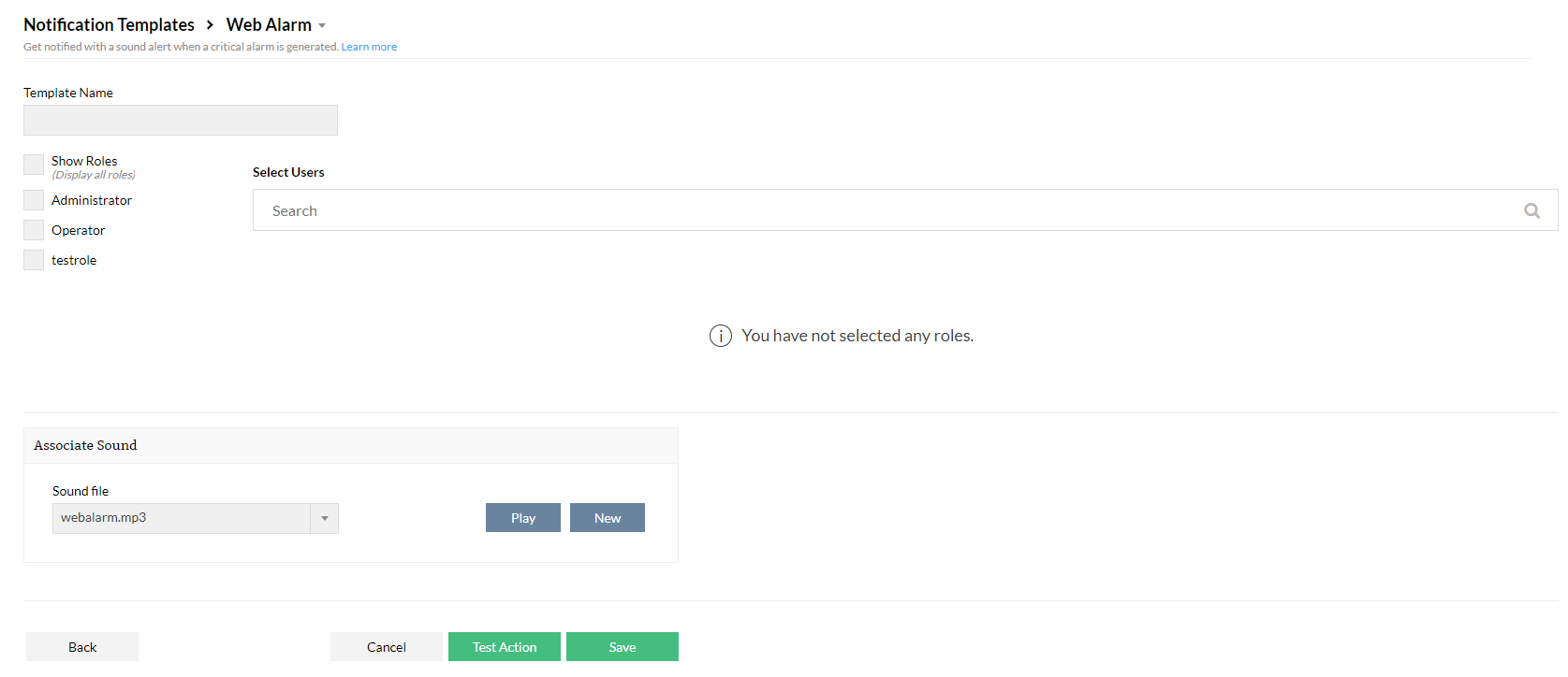Web alarm notification template in Firewall Analyzer: Notification templates
